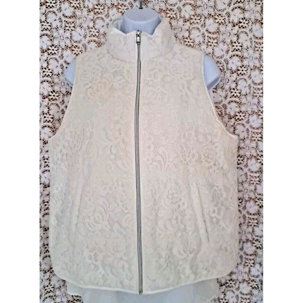 Woman's Puffer‎ Vest Sz. 12 Ivory with Lace Front Ruby Rd Brand Pockets Full Zip
